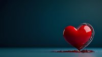 Red glossy heart shape melting on dark teal background with dramatic lighting and reflection, romantic concept for Valentine's Day and love themes.