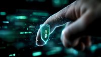 Digital finger touching glowing shield with lock icon in green cyber environment, representing network security and data protection in modern technology.