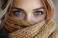 Close-up portrait of young Caucasian woman with intense blue eyes and blonde hair partially covered by beige knitted scarf, creating mysterious winter mood.