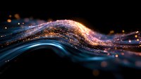 Glowing wave of sparkling particles flowing in dark space, luminous golden and blue light trail with bokeh effect creating magical atmosphere.