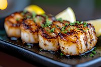 Grilled sea scallops with caramelized crust garnished with fresh herbs and lemon wedges served on black plate, close up view of gourmet seafood appetizer.