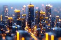 Modern cityscape with illuminated skyscrapers at dusk, glowing orange lights and bokeh effects create dreamy urban atmosphere for business and real estate concepts.