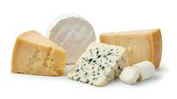 Assorted cheese varieties including aged cheddar, blue cheese, brie, and fresh mozzarella balls isolated on white background for food, culinary, and gourmet design projects.