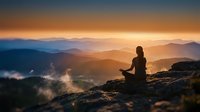 Person meditating on mountain peak at sunrise with layered hills and golden sky creating peaceful spiritual atmosphere for wellness and mindfulness practices.