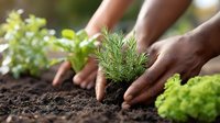 Hands gently planting fresh rosemary herb seedling in rich dark soil with green lettuce plants in organic vegetable garden for sustainable farming.