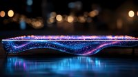 Abstract futuristic wave structure with glowing blue and pink neon lights against dark background, reflecting on glossy surface. Modern technological concept.