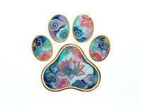 Colorful paw print with ornate gold border featuring lotus flowers and swirling patterns in blue, pink, and purple tones. Isolated design element suitable for pet-related merchandise and apparel.