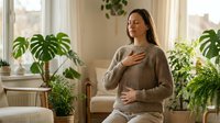 Pregnant woman practicing mindfulness meditation at home, breathing exercises for relaxation and wellness during pregnancy in cozy living room.
