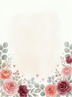 Watercolor floral border with pink and burgundy roses, eucalyptus leaves, and scattered hearts on cream background. Isolated design for invitations, greeting cards, and wedding stationery projects.