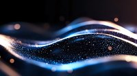 Glowing blue waves with sparkling particles flow against dark background creating dynamic abstract composition with bokeh light effects.