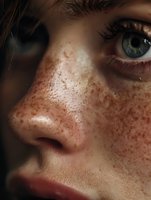 Close-up portrait of young woman with freckles and blue eyes showing natural beauty and skin texture in warm lighting for skincare and cosmetics concepts.