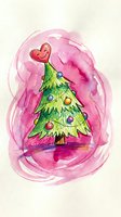 Green Christmas tree decorated with colorful ornaments and red heart topper on pink watercolor background, isolated for holiday greeting cards and festive designs.