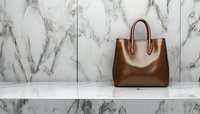 Elegant brown leather handbag on white marble shelf against luxurious marble wall background, minimalist fashion accessory composition for luxury retail display.