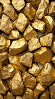 Raw gold nuggets and chunks with rough textured surface arranged in pattern, showing natural mineral formation and precious metal wealth in warm yellow tones.