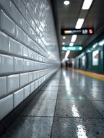 Modern subway station platform with white tiled wall and wet floor reflecting fluorescent lights creating urban transportation atmosphere.