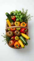 Fresh organic vegetables and herbs in wicker basket including tomatoes, peppers, zucchini, basil and rosemary for healthy cooking and farm-to-table meals.