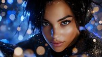 Young woman with headphones against blue bokeh lights background, dramatic portrait with glowing effects and intense gaze, music and entertainment concept.