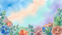 Watercolor floral border with blooming peonies, roses, and eucalyptus leaves on soft pastel sky background, suitable for wedding invitations and greeting cards.