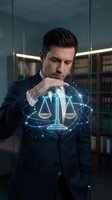 Young male lawyer in formal business suit holding glowing digital scales of justice hologram, representing legal technology, law firm services, and modern justice system innovation.