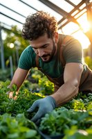 Hispanic male gardener with curly hair and beard wearing brown apron tends to plants in greenhouse during golden hour sunlight, creating warm atmospheric scene.
