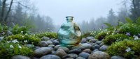Glass bottle with cork stopper sits among smooth river stones and green moss in misty forest setting. Natural spa wellness aromatherapy concept.