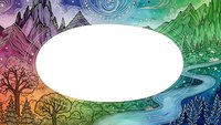 Fantasy landscape frame with mountains, trees and river in rainbow colors creating oval border for text or design elements.