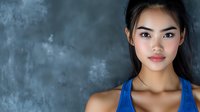 Young Asian woman in blue athletic tank top against dark background with dramatic lighting and soft smoke effects, confident expression and natural makeup look.