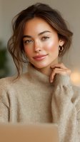 Young Asian woman with natural makeup wearing beige turtleneck sweater, displaying gentle smile and glowing skin. Soft lighting creates warm atmosphere for beauty and fashion content.