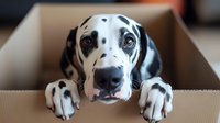 Adorable dalmatian puppy with black spots peeking out from cardboard box with sad expression, perfect for pet adoption campaigns and moving concepts.