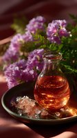 Glass bottle with rose liquid on dark plate with pink salt crystals and purple flowers in soft moody lighting, creating romantic spa atmosphere.