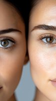 Close-up portrait of two young women with brown eyes and well-groomed eyebrows showing natural beauty and flawless skin texture, suitable for beauty and cosmetic advertising.