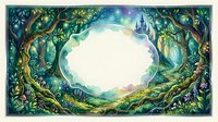 Enchanted forest frame with magical trees, mystical castle and fairy tale landscape creating ornate border for text or design elements on white background.
