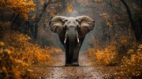 African elephant walking on forest path surrounded by orange autumn foliage and misty atmosphere creating dramatic wildlife scene. Powerful front view composition.