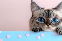 Curious cat with bright blue eyes peeking over blue surface decorated with pink hearts. Playful feline portrait against soft pink background creates whimsical mood.