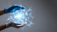 Hands in blue medical gloves protecting glowing digital healthcare icons with medical symbols and technology elements for modern medicine concepts.