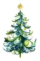 Watercolor Christmas tree with swirling green and blue branches, golden star topper, and small ornaments on white background.