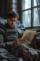 Young Caucasian soldier in combat uniform reading letter near window in moody lighting, expressing emotional connection while deployed in military service.
