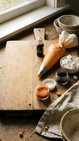 Cake decorating workspace with piping bag, colorful icing, ceramic bowls and natural lighting for baking and pastry preparation projects.