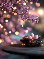 Pink eggs in dark nest with fairy lights against blurred cherry blossom background, creating magical spring atmosphere with soft bokeh lights and purple flowers.
