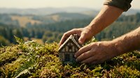Hands protecting small house model on mossy ground with mountain landscape background symbolizing home insurance and real estate investment security.