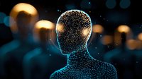 Digital human silhouette made of glowing particles and dots against blurred city lights background for technology and artificial intelligence concepts.