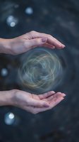 Hands protecting glowing energy sphere with swirling light patterns against dark bokeh background for spiritual healing and wellness concepts.