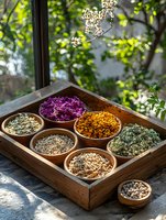 Assorted dried herbs, flowers and spices in ceramic bowls arranged in rustic wooden tray near window with natural sunlight and garden view. For wellness and cooking.
