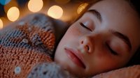 Young Asian woman peacefully sleeping on pillow with soft bokeh lights in background, creating cozy atmosphere for wellness, relaxation and rest concepts.
