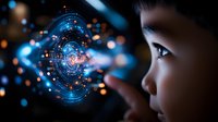 Young Asian woman gazing at futuristic holographic interface with glowing blue digital circles and data visualization in dark tech environment.