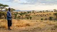 Mature man in casual blue shirt standing alone in vast African savanna landscape with acacia trees and golden grassland during golden hour light.