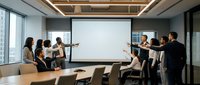 Business team meeting in modern conference room with blank projection screen for presentations and corporate training sessions.