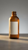 Amber glass bottle with blank white label on wooden surface with soft lighting for pharmaceutical and cosmetic product packaging mockup.
