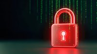 Red glowing padlock with keyhole on dark background with green digital matrix code rain for cybersecurity and data protection concepts.