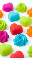 Colorful silicone baking molds in heart and swirl shapes scattered on white background for kitchen and baking projects.
